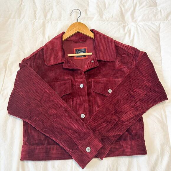 Abercrombie & Fitch Red Corduroy Cropped Trucker Jacket Women’s M - Picture 4 of 9
